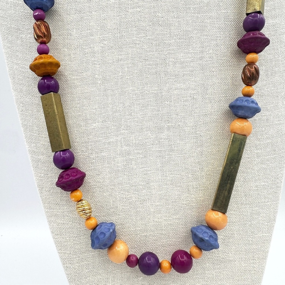 Vintage Chunky Wood Bead Necklace Purple Blue Gold Tube Statement Strand Boho